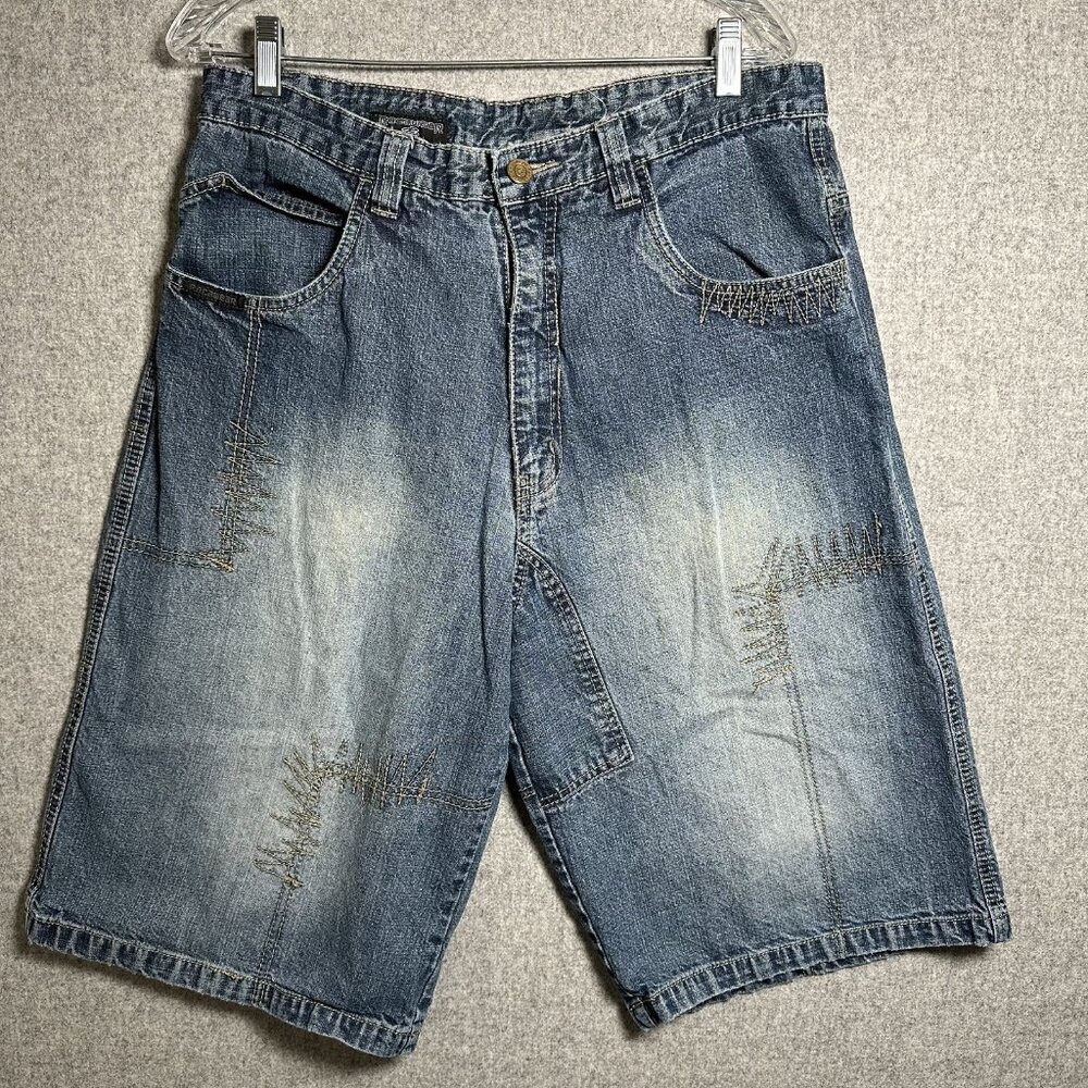 Vintage Rocawear Size 36 Mens Denim Shorts Skater Embroidered Blue Zip Button